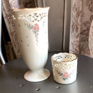 Set of 2 Lenox petite rose collection pieces; one 7” vase plus one 2.25” votive